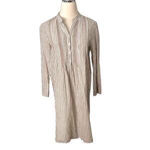 Tahari Shirt Dress Beige Stripe Linen Cotton Pintuck Pleats Pullover
